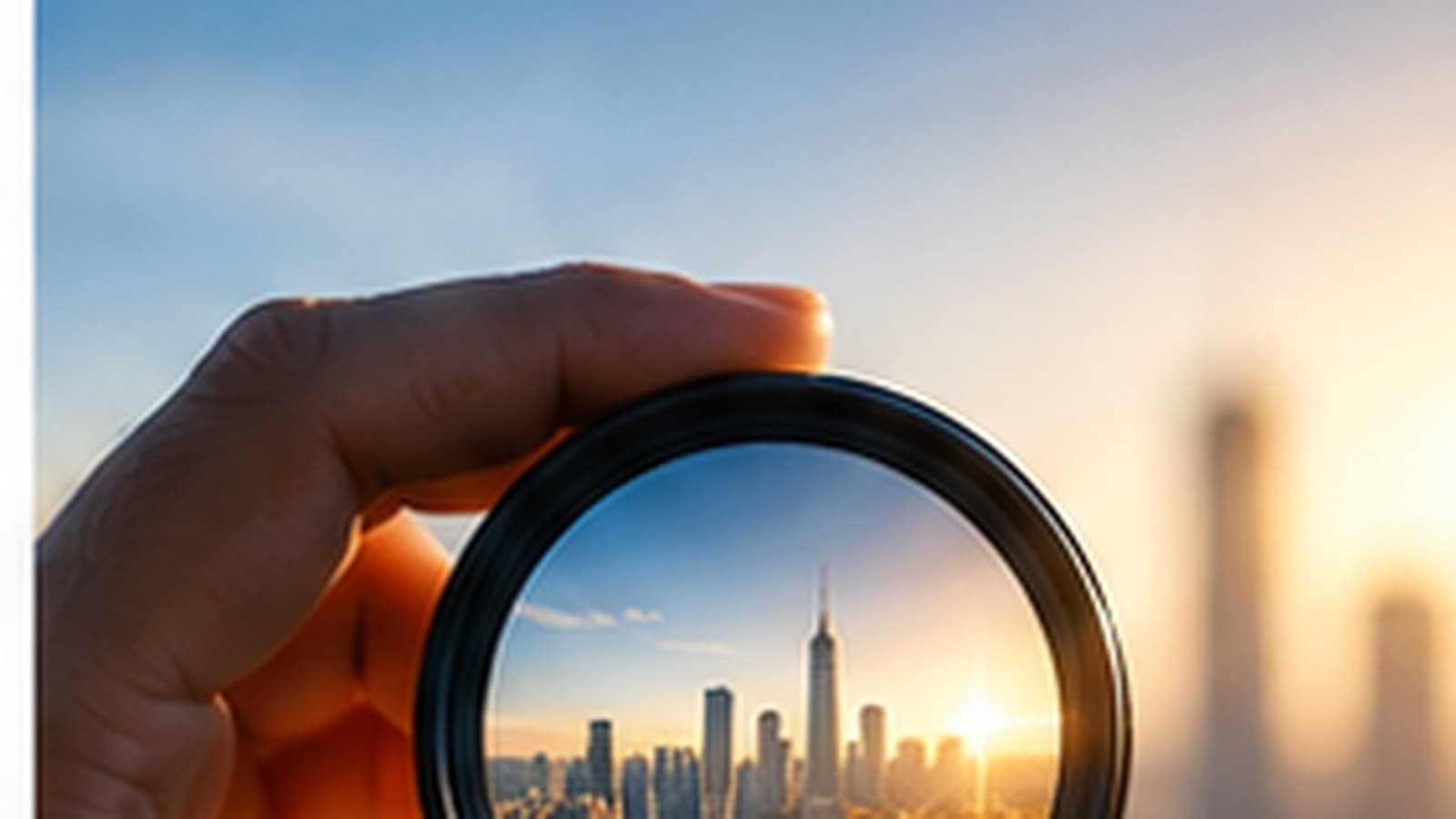 Una lupa enfoca una parte de la ciudad mientras el resto permanece desenfocado, como metáfora de utilizar la inteligencia artificial para descubrir patrones, señales y oportunidades que normalmente pasan inadvertidos.