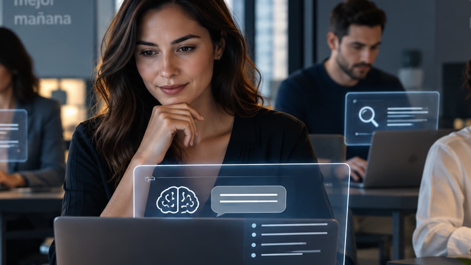 Profesionales utilizando herramientas de inteligencia artificial en su trabajo cotidiano, como representación de una adopción que ya puede estar ocurriendo dentro de la organización antes de que exista una estrategia formal.