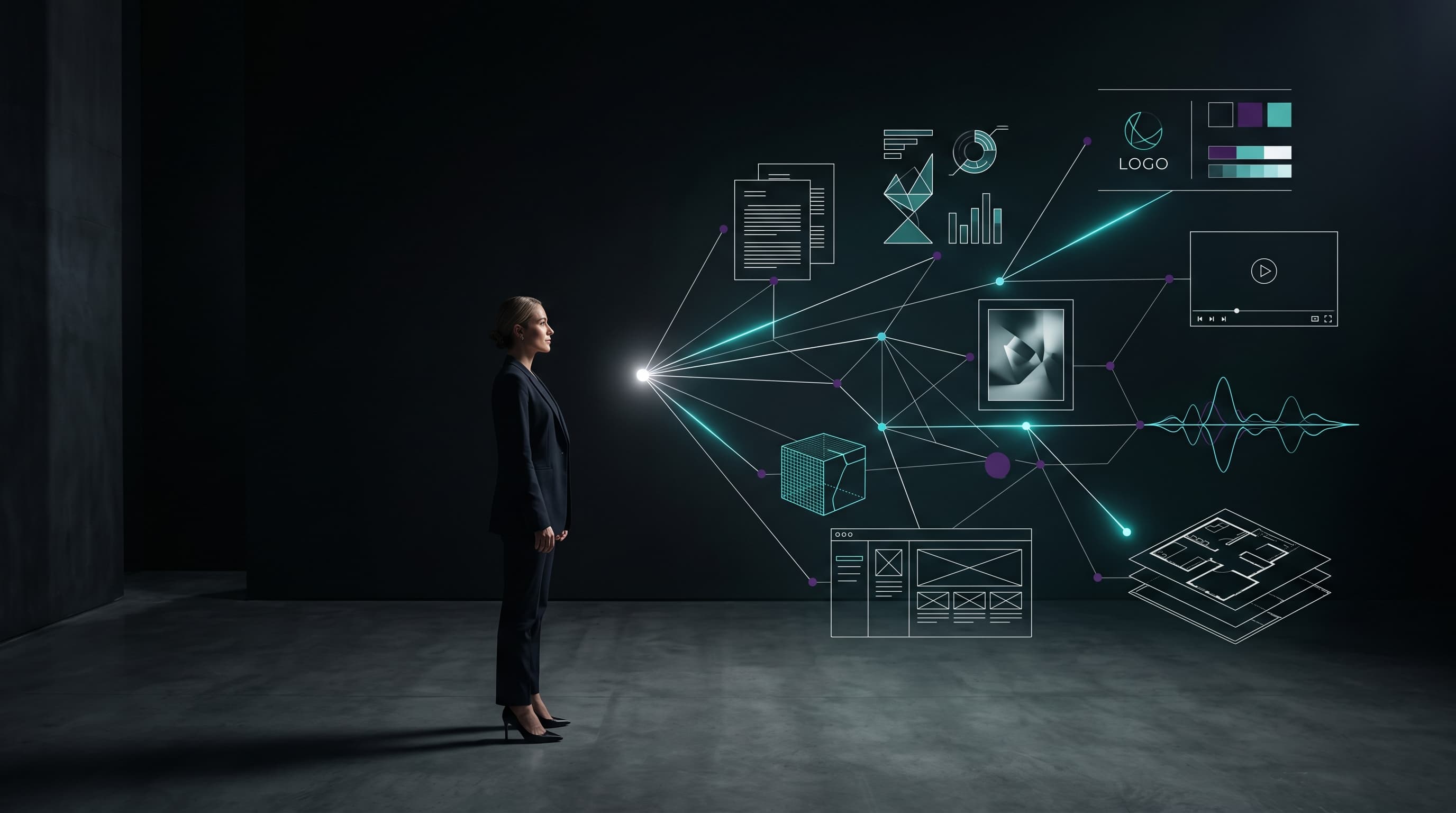 Una persona observa cómo una sola idea se expande en múltiples posibilidades de creación mediante inteligencia artificial.