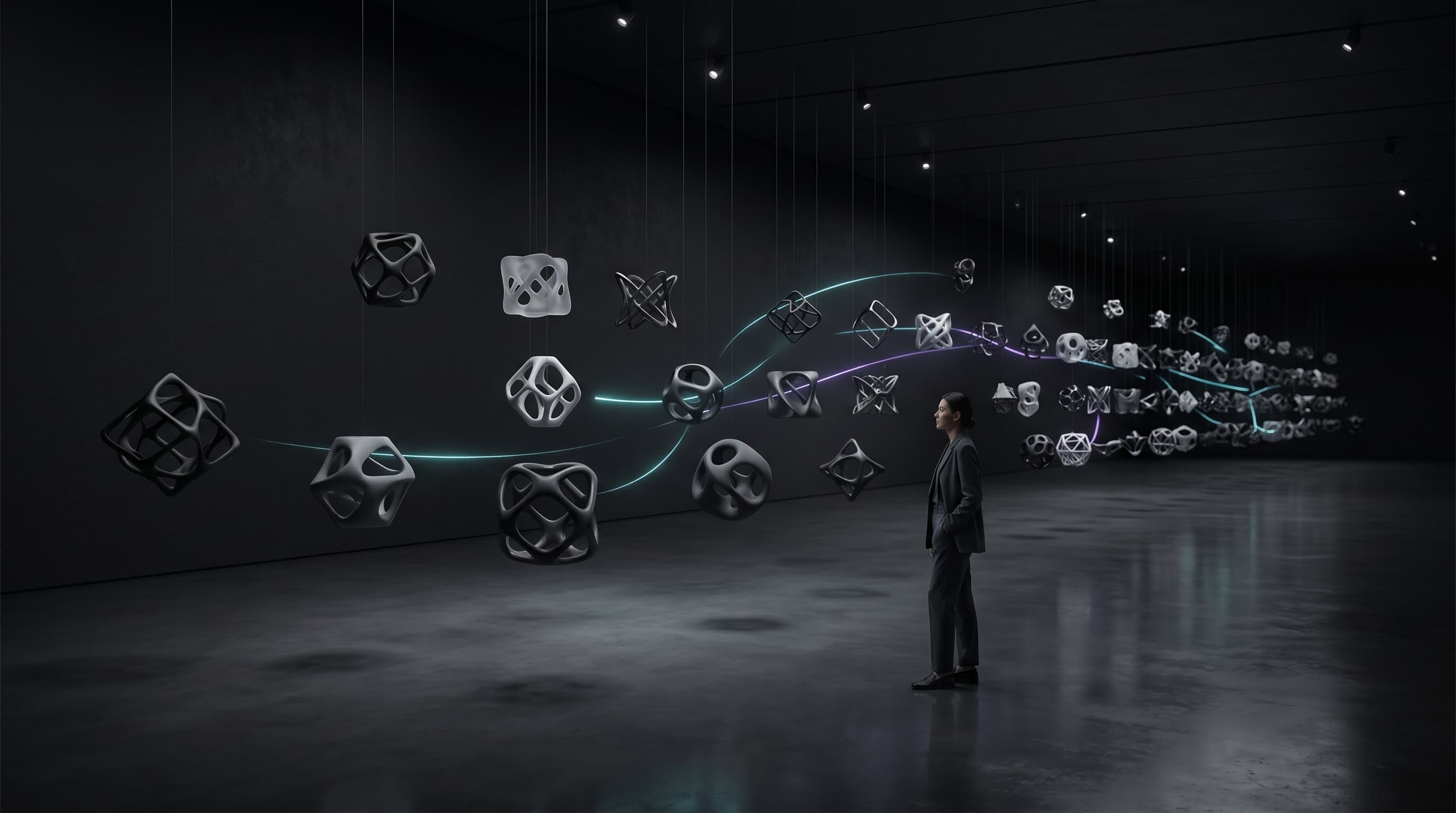 Una persona observa numerosas variaciones de una misma idea, representando la capacidad de explorar múltiples alternativas con inteligencia artificial.